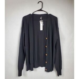 Arach & Cloz Womens Black V-Neck Button Front Cardigan Sweater Wool Blend Large